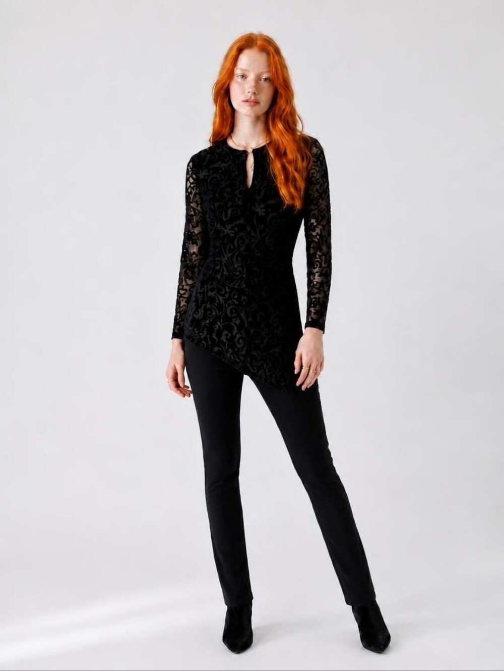 Sheer Lace Deep Purple Asymmetric Hem Top - Small